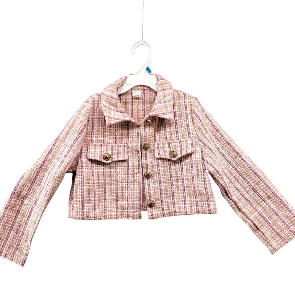SHEIN Girls Size 7Y 7 Years Tweed Jacket Pink Cropped Button Front
